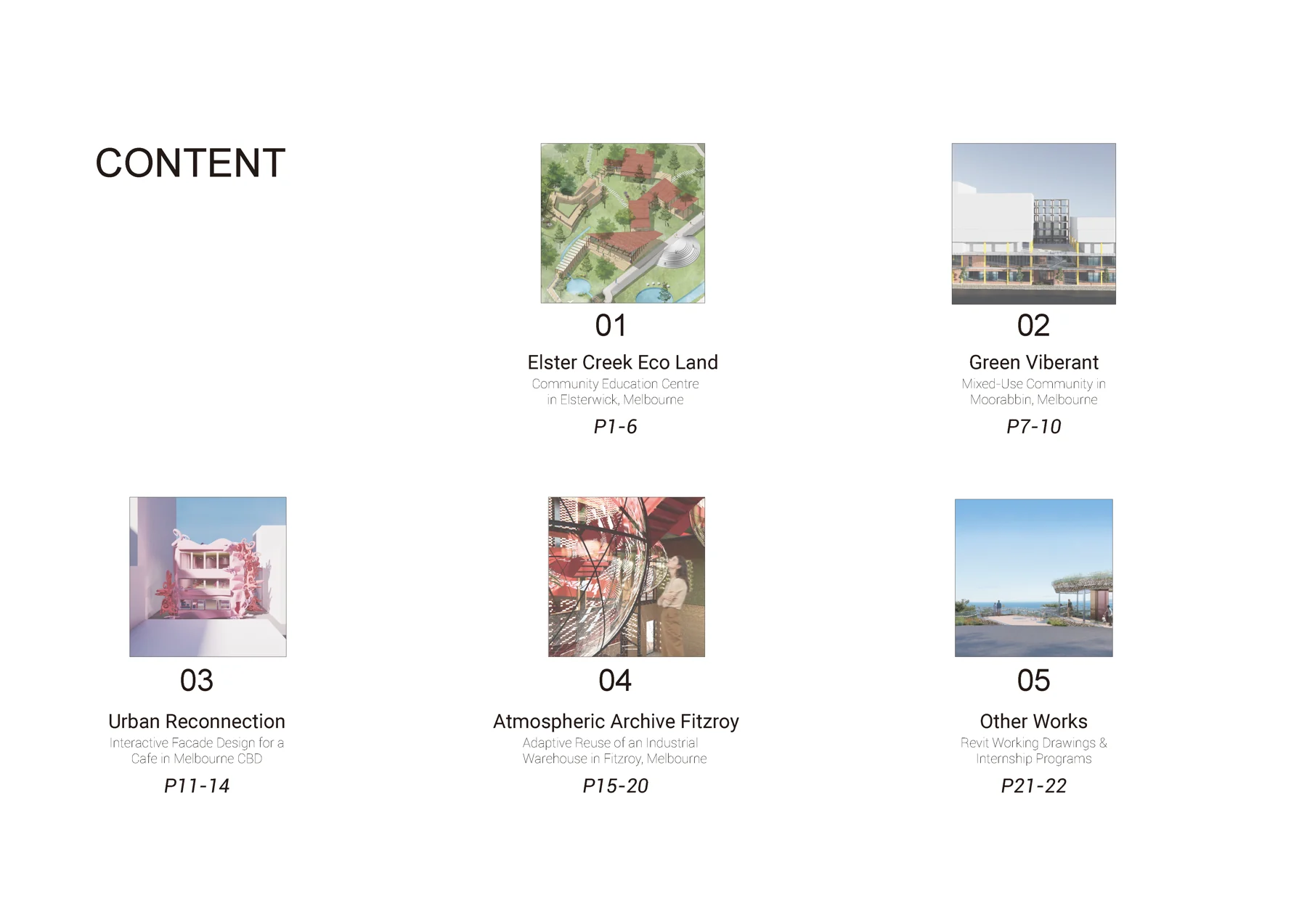 Portfolio sheet 02 — architectural drawings, visualisations and project notes