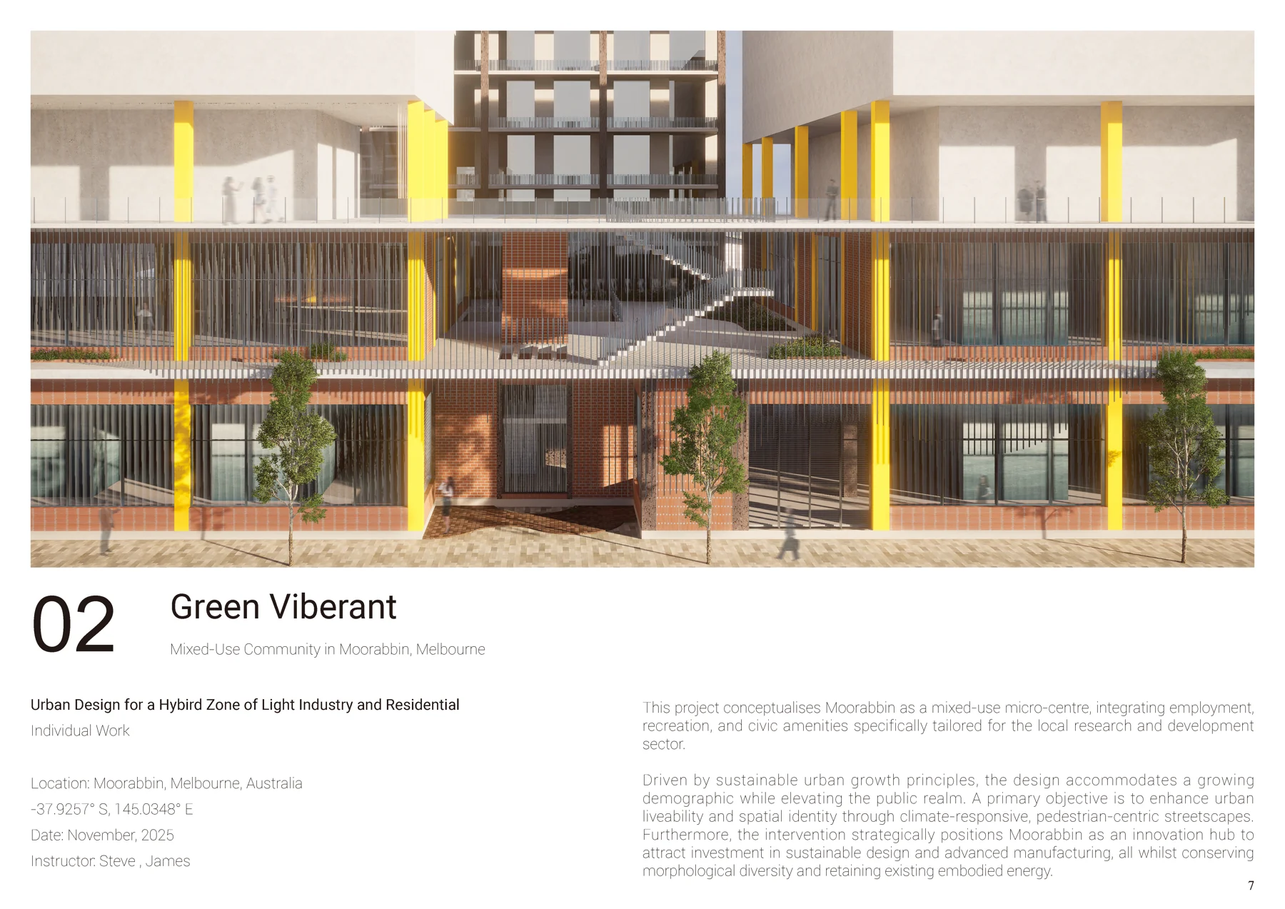 Portfolio sheet 09 — architectural drawings, visualisations and project notes