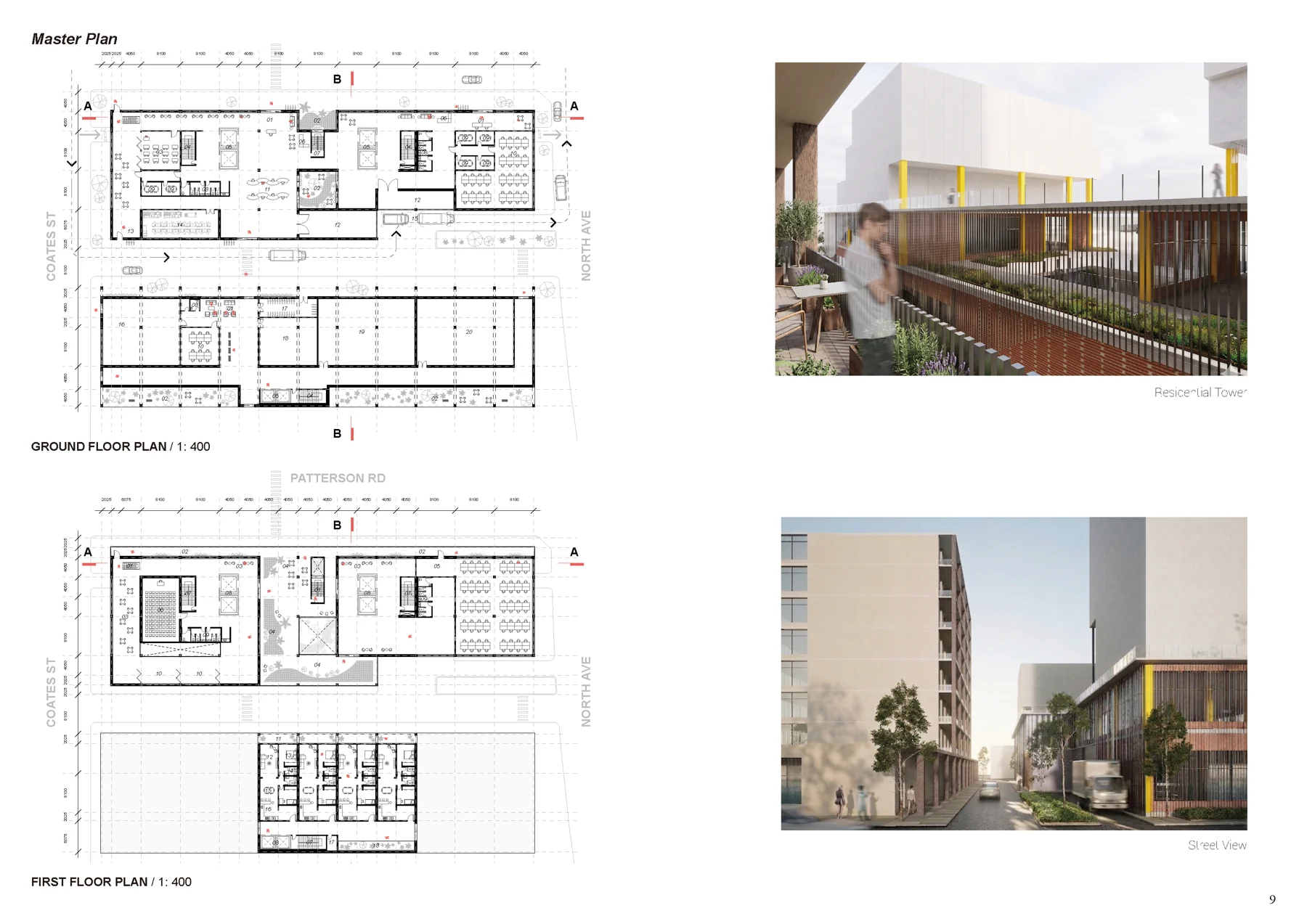 Portfolio sheet 11 — architectural drawings, visualisations and project notes