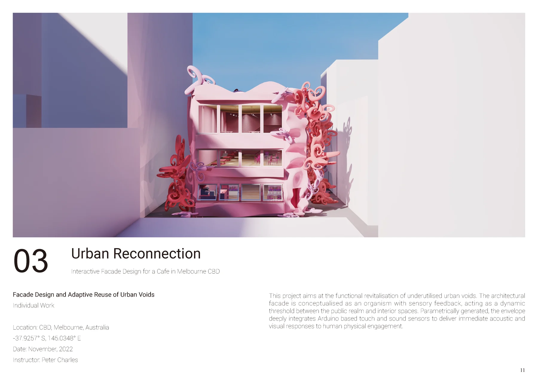 Portfolio sheet 13 — architectural drawings, visualisations and project notes