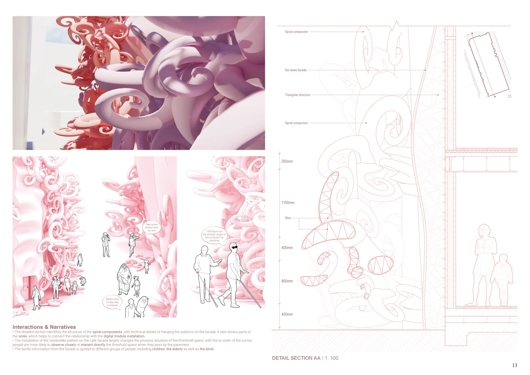 Portfolio sheet 15 — architectural drawings, visualisations and project notes