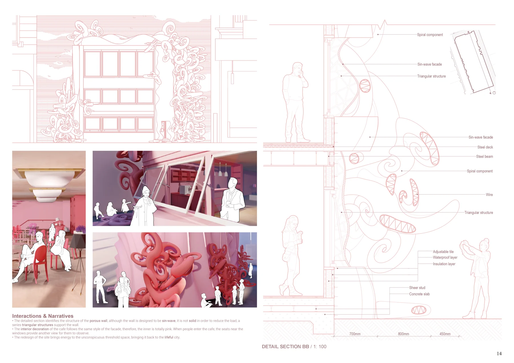 Portfolio sheet 16 — architectural drawings, visualisations and project notes