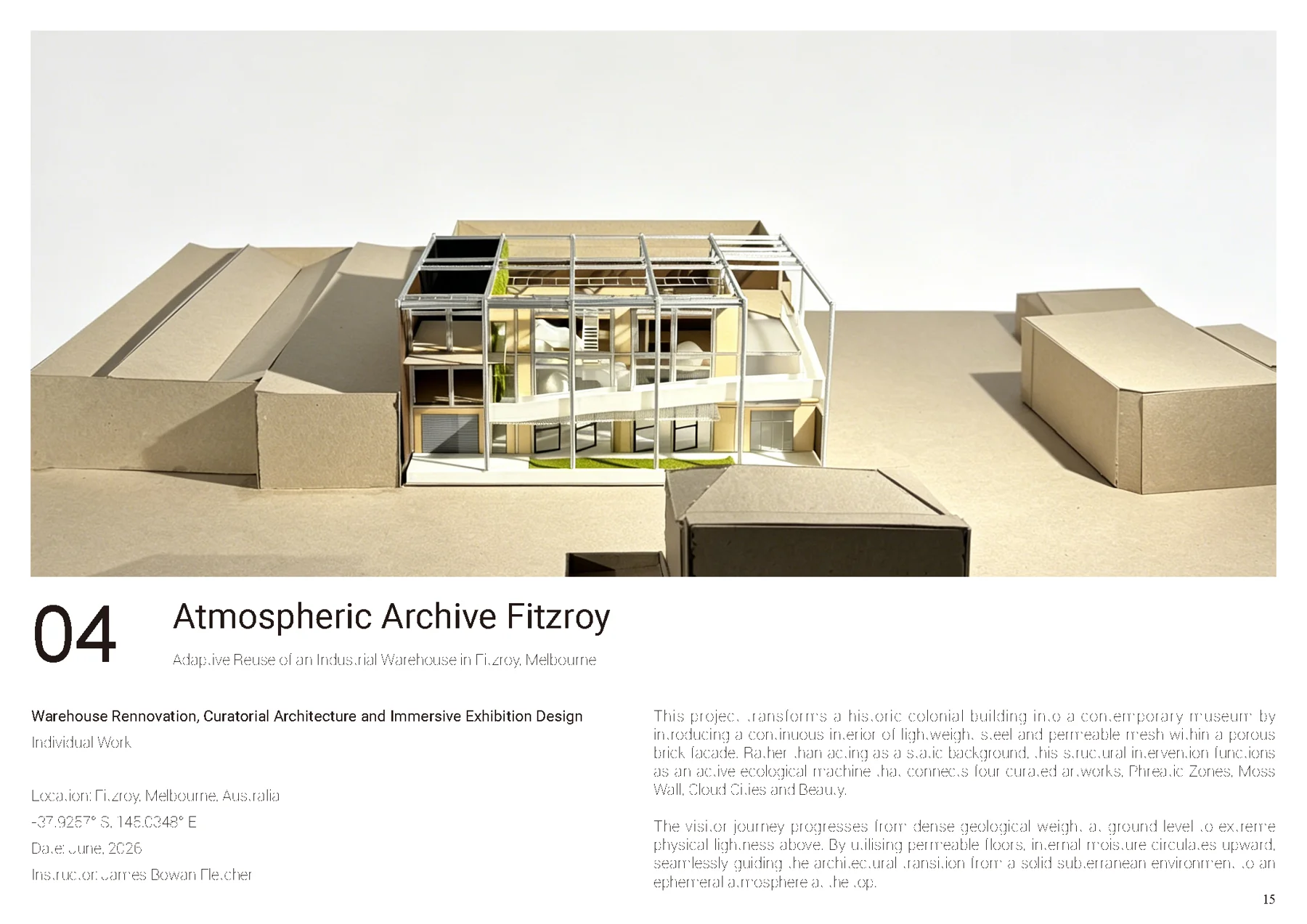 Portfolio sheet 17 — architectural drawings, visualisations and project notes