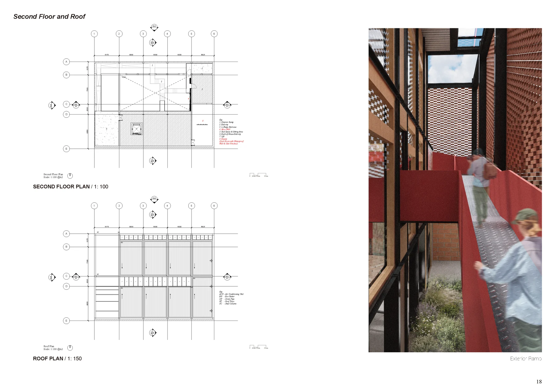 Portfolio sheet 20 — architectural drawings, visualisations and project notes