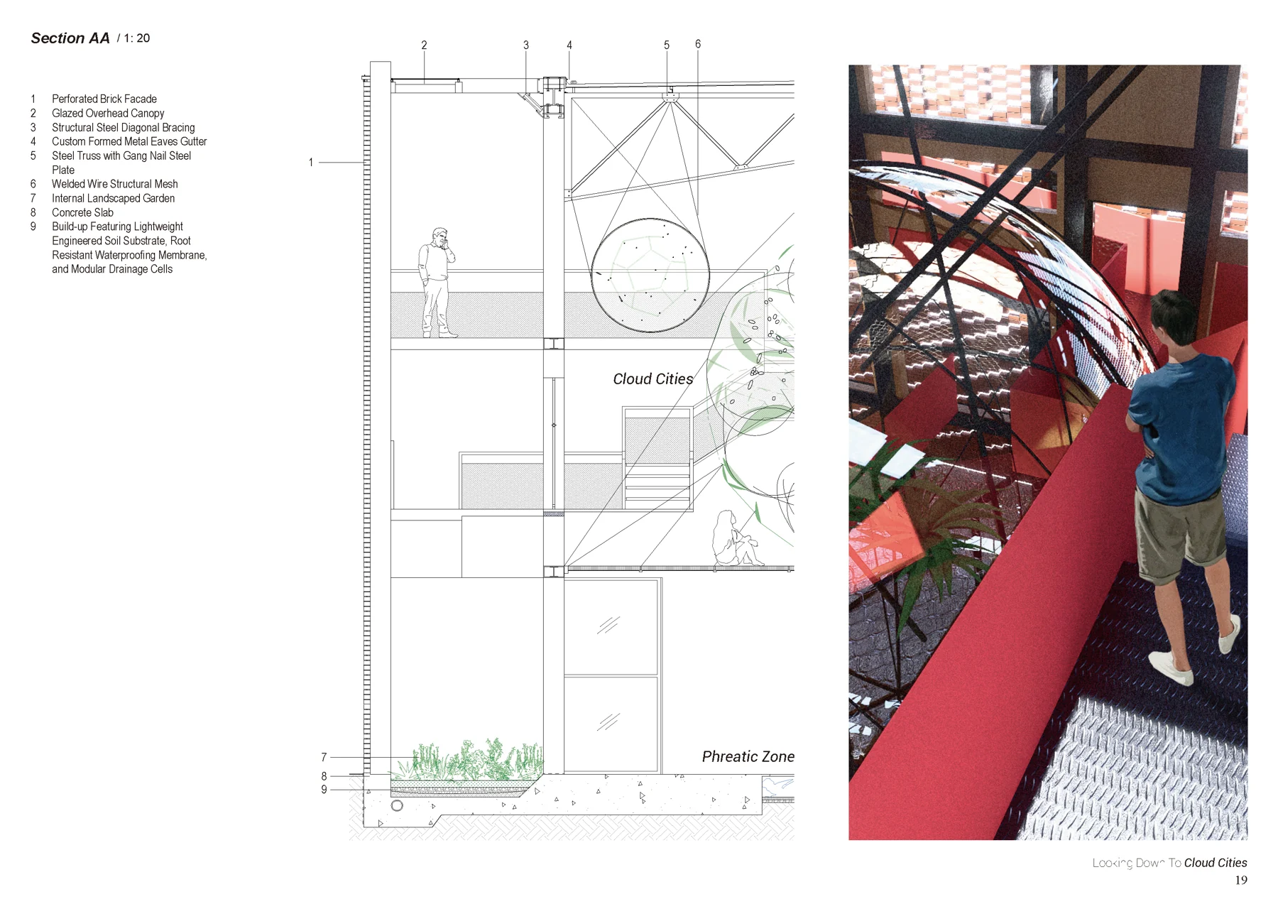 Portfolio sheet 21 — architectural drawings, visualisations and project notes